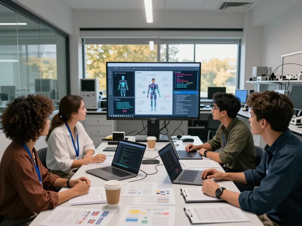 Researchers discussing AI-driven sexual health applications in an innovative lab, reflecting trends in sex AI.