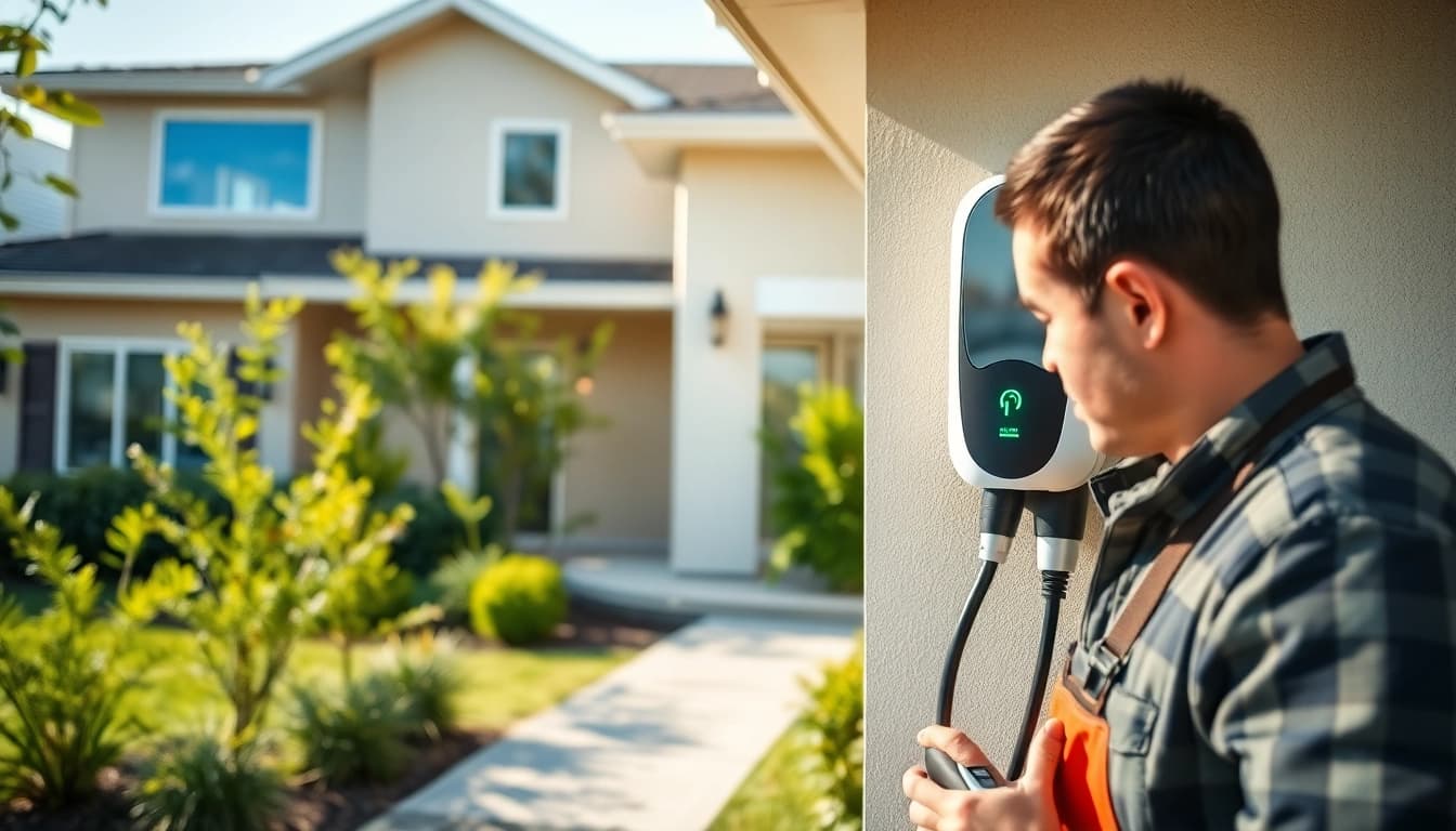 Technician installing a McNally EV charger at a modern home, showcasing expertise and quality.