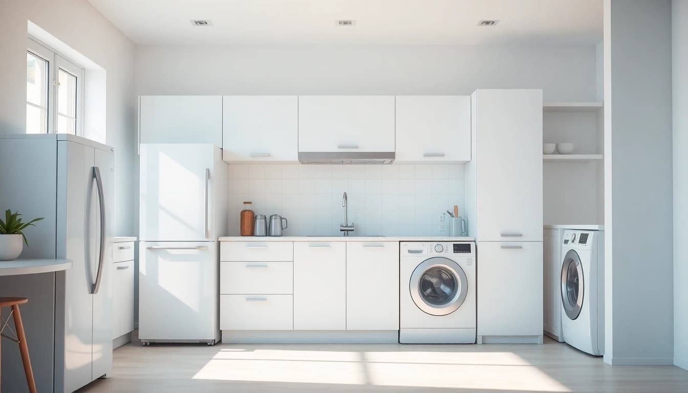 Showcasing бяла техника appliances, including a stylish refrigerator and dishwasher in a modern kitchen setting.