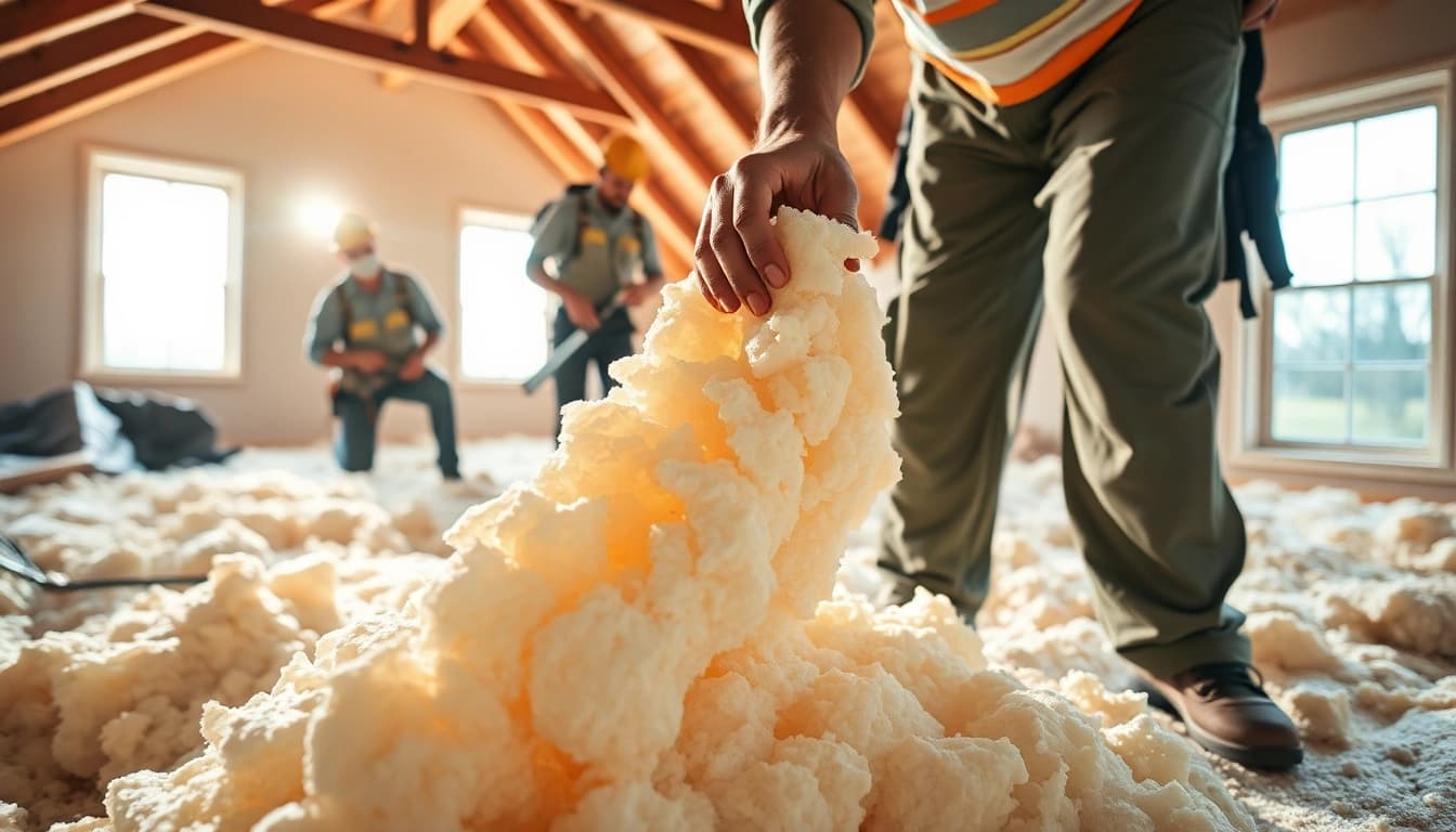 Engaged spray foam removal service team expertly handling insulation in a home.