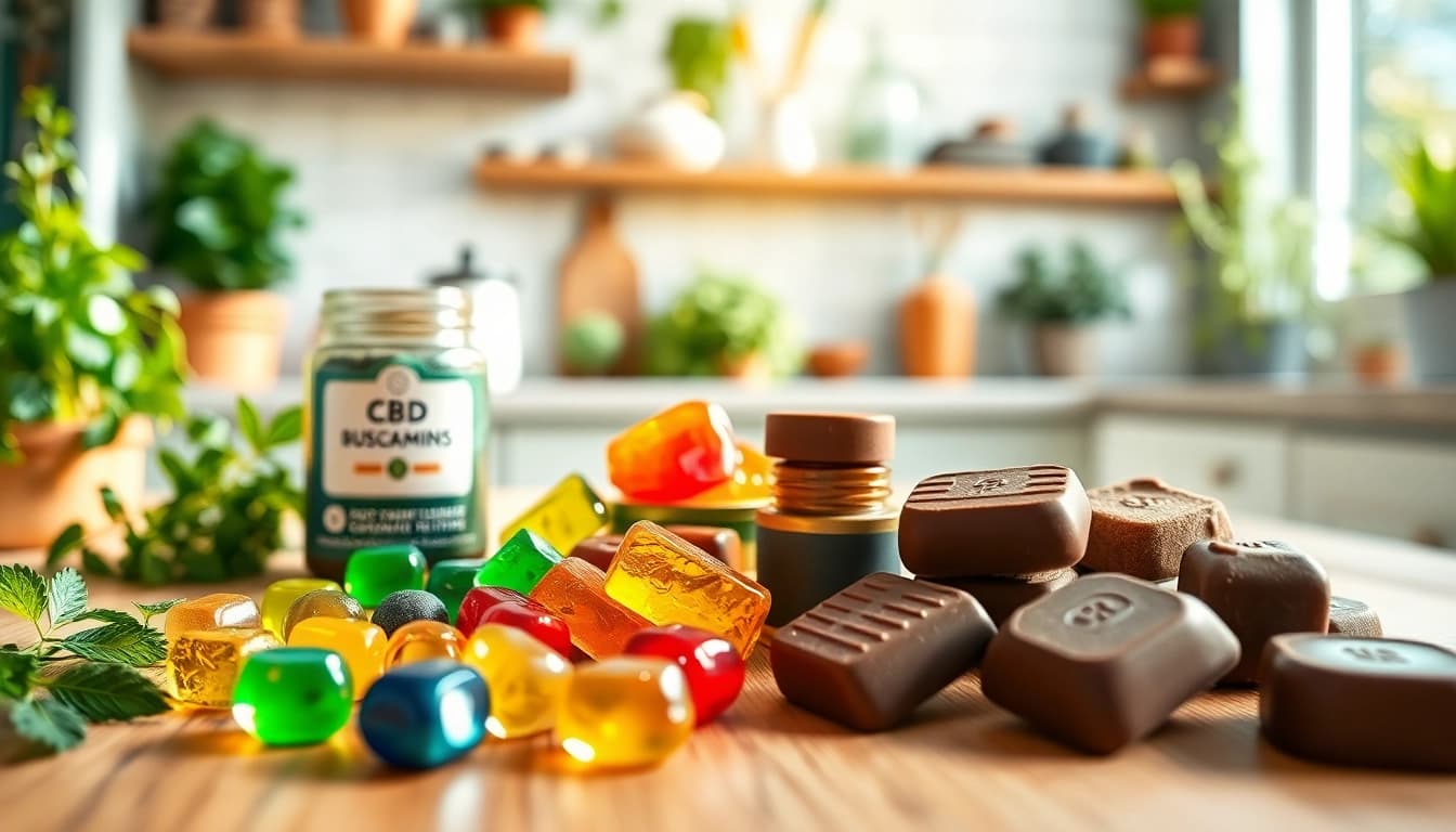 Discover Strongest CBD Edibles Online UK with vibrant gummies and chocolates on a wooden table.