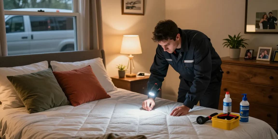 bed bug exterminators technician inspecting a mattress for bed bugs in a cozy bedroom