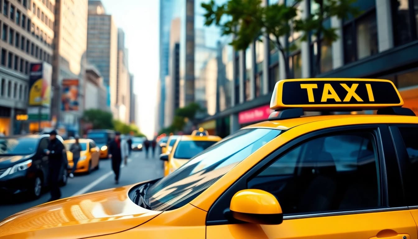 Taxi driving through a bustling city street, highlighting the vibrant urban energy.