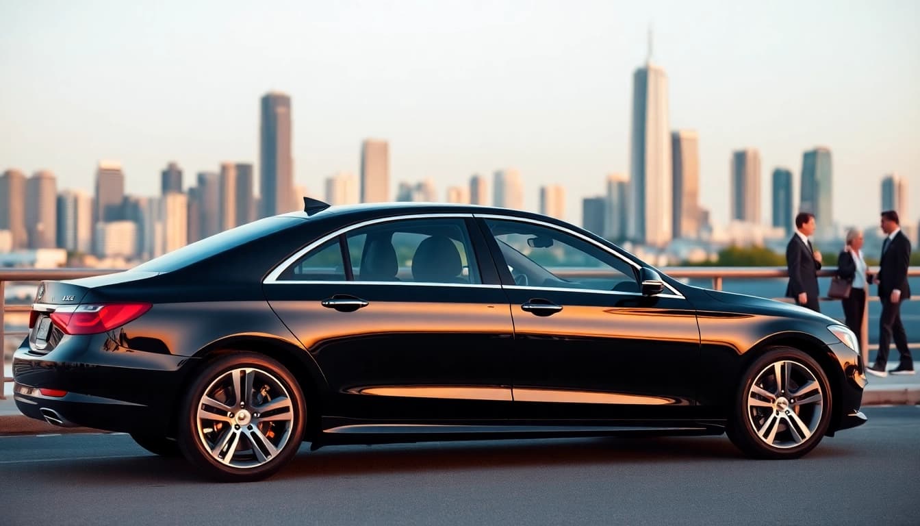Chauffeur Hire with a luxury sedan in a scenic city during sunset, highlighting sophistication.
