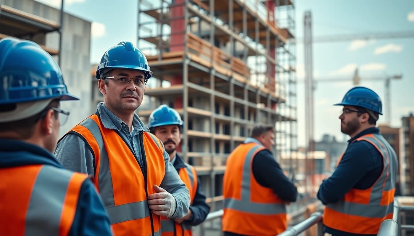 Scaffolders Manchester collaborating on a construction site, showcasing teamwork and professionalism.