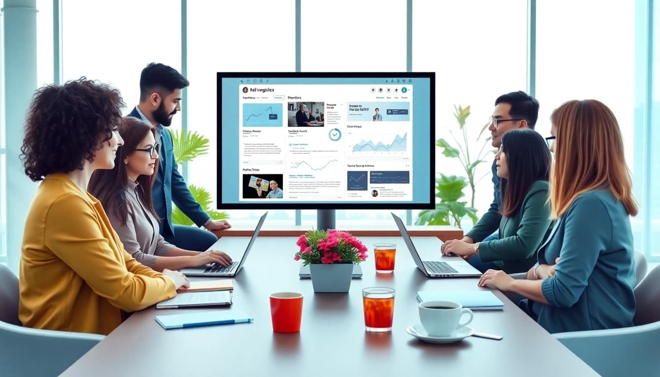 Engaging team collaboration in a modern blogging workspace at bloglabs.wiki, featuring digital displays and vibrant colors.
