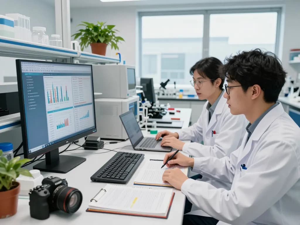 Research lab scene highlighting neurodegenerative disease studies at https://nddo.org, showcasing teamwork and advanced data analysis.