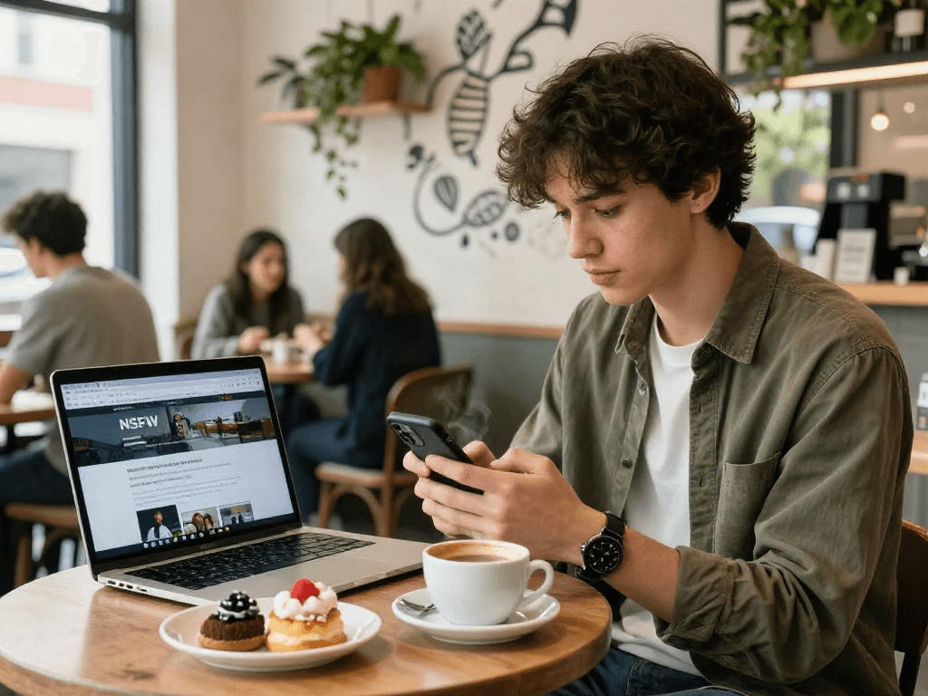 NSFW content awareness in a trendy café lifestyle scene with smartphone interaction and vibrant atmosphere.
