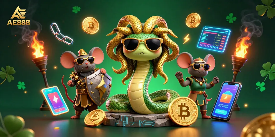 Join the excitement with AE888, featuring fun casino characters and crypto elements in a vibrant scene.