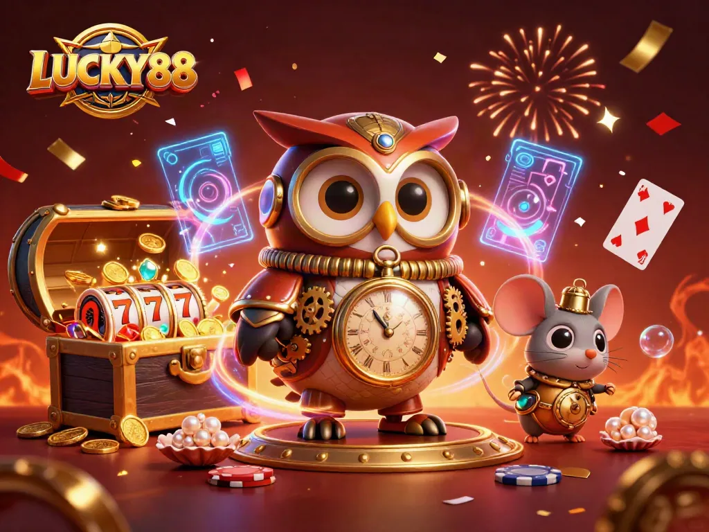Join the excitement at LUCKY88 with a vibrant 3D casino scene featuring playful characters and dynamic gambling elements.