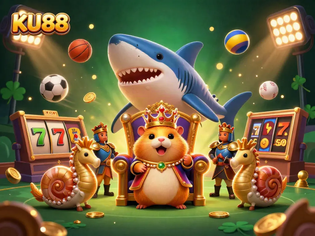 Spin and win big at KU88 with the golden hamster king on a massive megalodon throne surrounded by dynamic gaming elements.