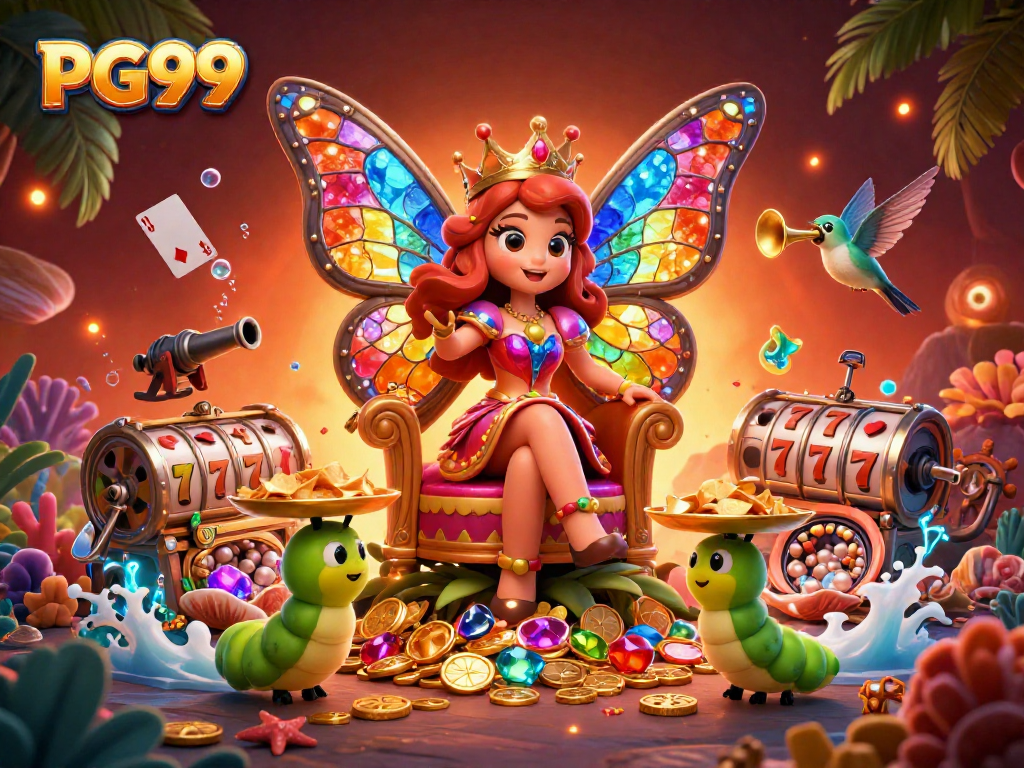 Win big with PG99 in a vibrant casino-themed 3D illustration showcasing enchanting characters.