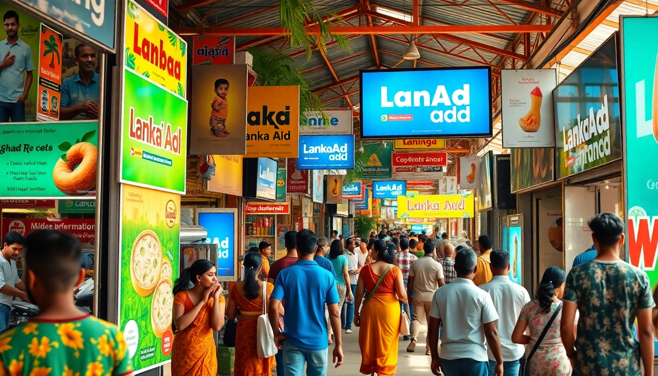 Lanka Add advertisements in a vibrant Sri Lankan marketplace, showcasing community engagement.
