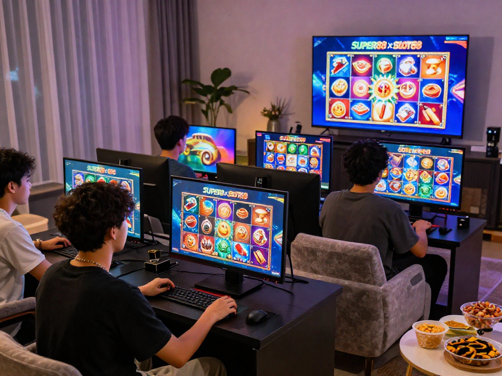 Engaged players enjoying slot88 games on SUPER88 x SLOT88 platform in a cozy digital gaming atmosphere.