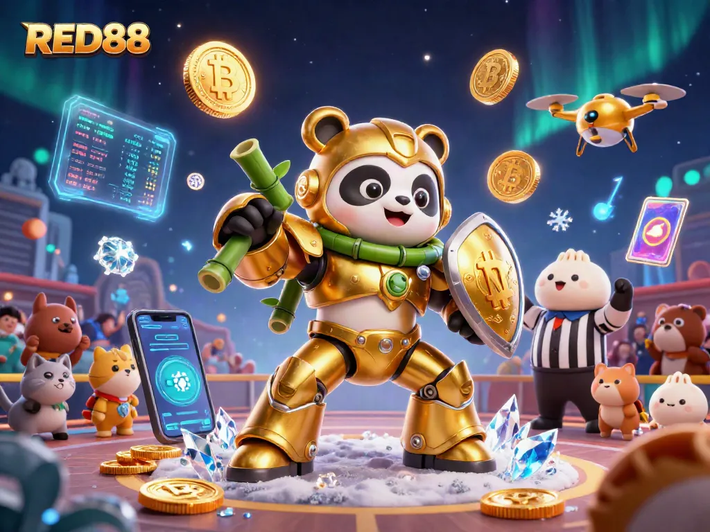 Engage with RED88's thrilling 3D cartoon casino scene featuring a golden panda and vibrant crypto elements.