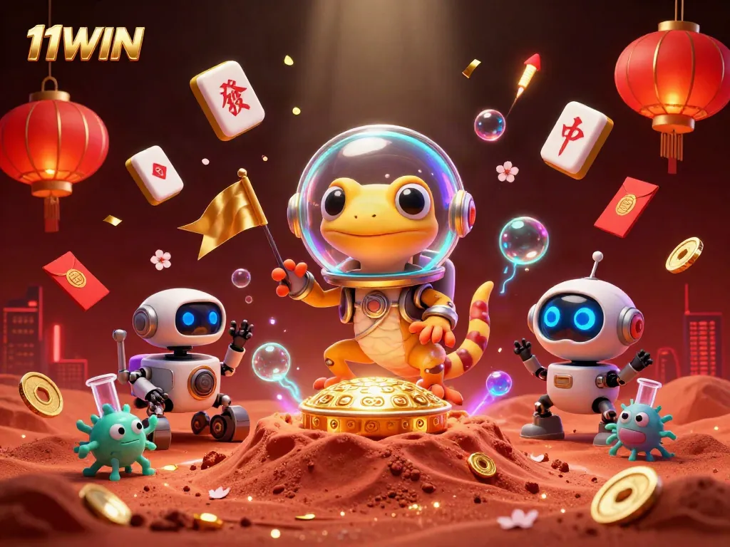 Join the excitement with 11WIN as a colorful Martian gecko discovers a golden casino in a dynamic scene.