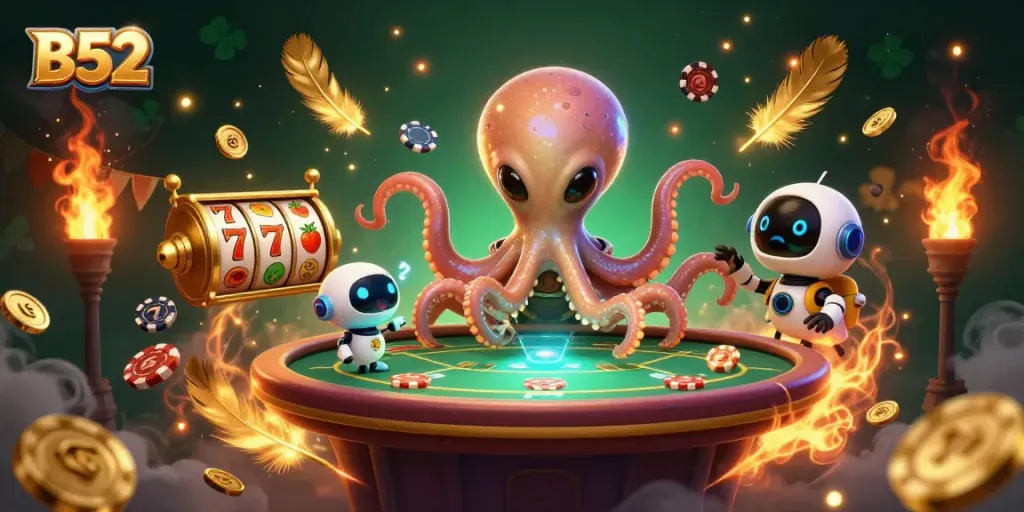 Engage in top-tier B52 gaming with a vibrant 3D scene featuring an alien octopus at a holographic poker table.