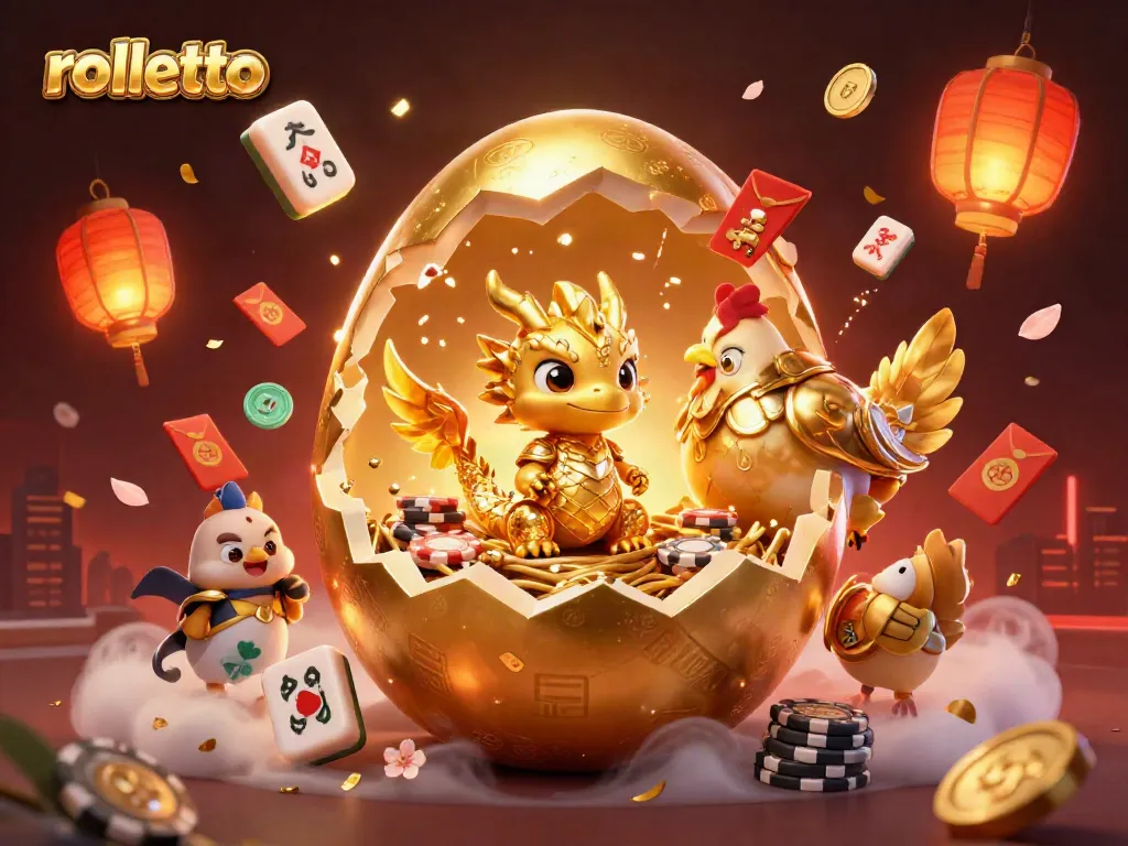 Experience the riches at Rolletto Casino with a golden dragon, poker chips, and lucky lanterns.