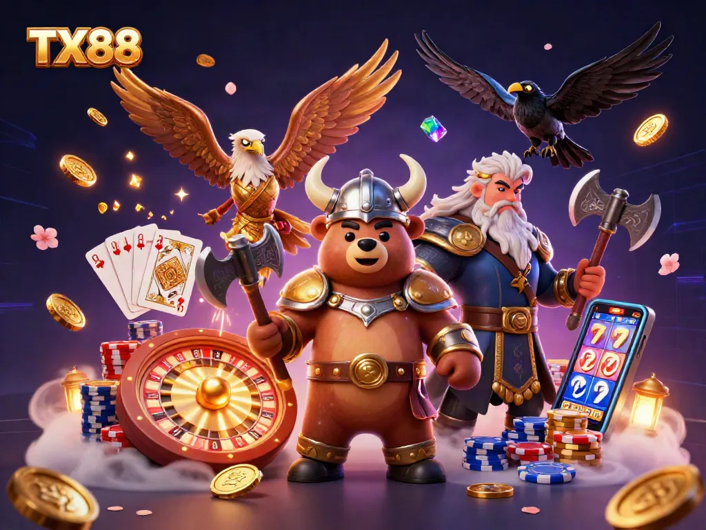 TX88 casino illustration showcasing a Viking bear and Valkyrie eagle amidst vibrant casino elements.