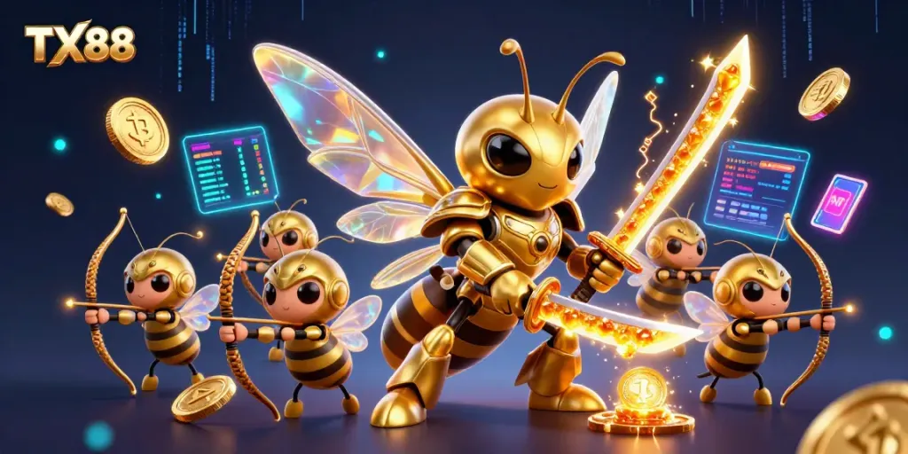 Engage with TX88's vibrant gaming universe, featuring gold and crypto elements in an energetic 3D scene.