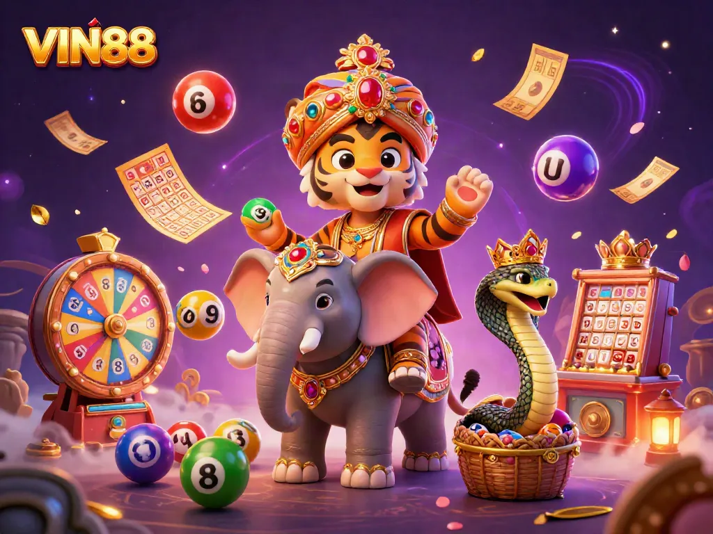 Experience thrilling lottery excitement with VIN88's vibrant 3D scene filled with magical elements.