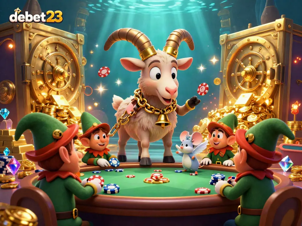 Engage with debet23's vibrant casino adventure, where festive Krampus goat oversees playful elf gremlins amidst treasures.