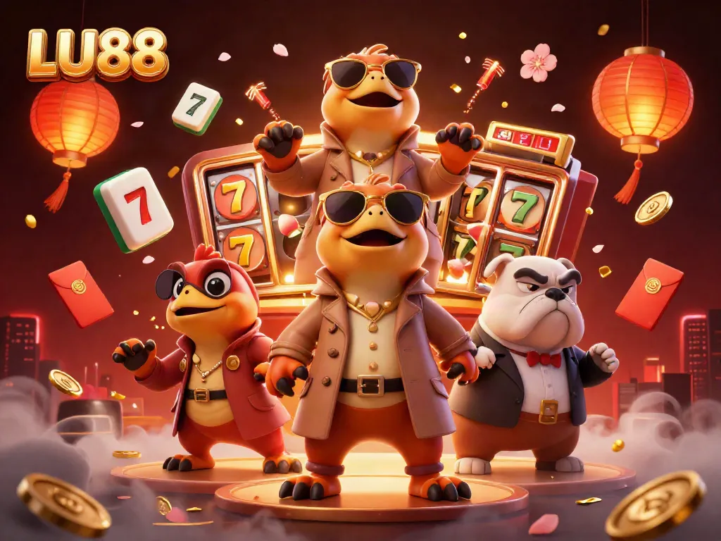 LU88 attracts gamblers with cartoon raptors in a trench coat trying to enter a VIP casino lounge.