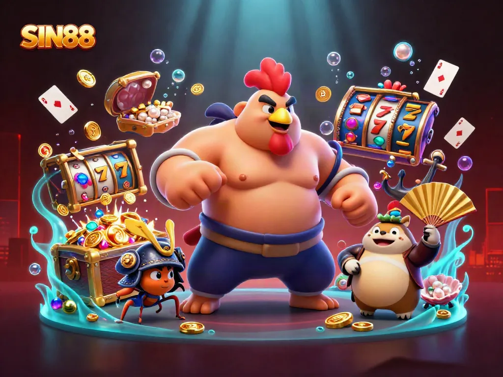 SIN88's exciting scene features a sumo wrestler, cricket, and tanuki in a vibrant casino atmosphere.