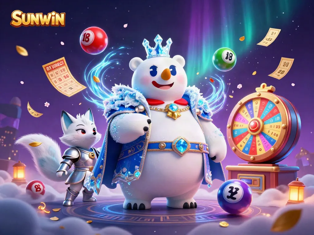 SUNWIN showcases excitement with a cartoon polar bear and snow fox amid vibrant casino elements.