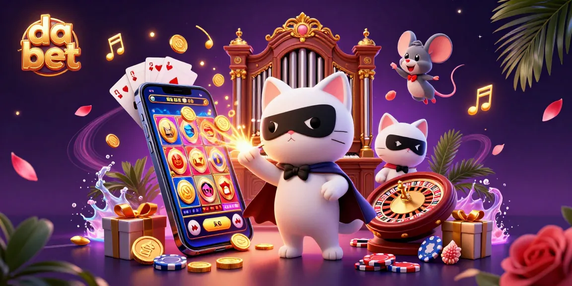 Experience the excitement of da bet with a whimsical casino scene showcasing a masked cat and a mouse acrobat.