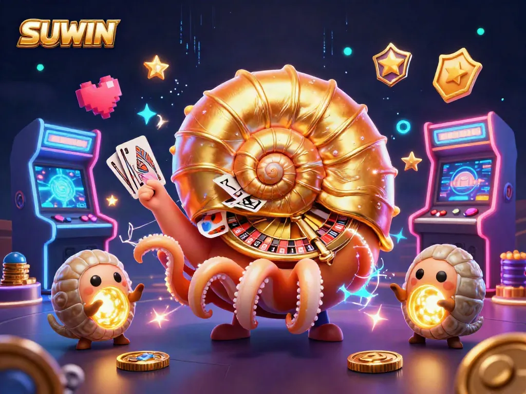 Suwin brings excitement with a giant nautilus roulette wheel and glowing game elements while players enjoy immersive gambling action.