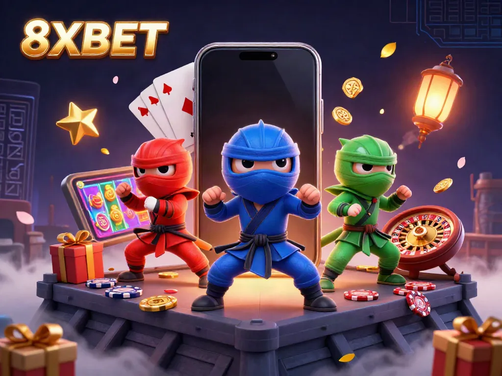 Engage in thrilling online gaming with 8XBET's vibrant casino visuals showcasing ninja chameleons and dynamic slots.