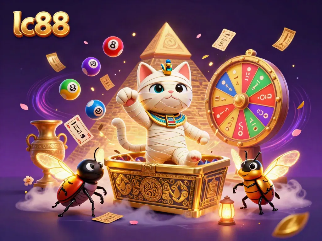 lc88 offers vibrant gaming action with a mummy cat, golden elements, and colorful lottery balls.
