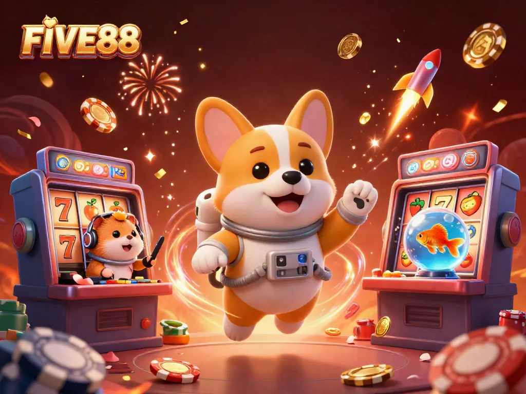 Experience the excitement of FIVE88 with a playful astronaut corgi and vibrant casino elements in a dynamic scene.