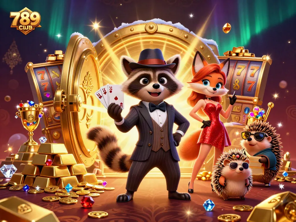 Experience the vivid world of 789CLUB with a raccoon, fox, and hedgehog in dazzling casino glory.