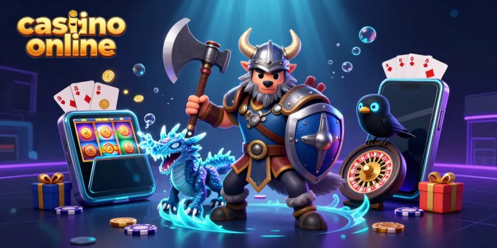 Viking wolf warrior and dragon showcase casino online games in a vibrant 3D illustration.