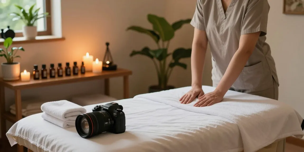 Tranquil massage therapy room featuring a professional preparing for 죽전출장마사지 with calming elements and soft lighting.