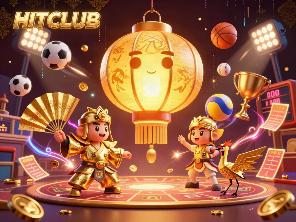 Experience the excitement of HITCLUB with golden spirits and dynamic sports elements in a vibrant casino atmosphere.