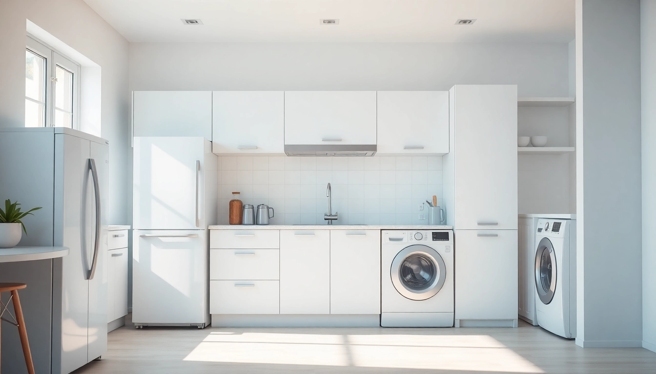 Showcasing бяла техника appliances, including a stylish refrigerator and dishwasher in a modern kitchen setting.