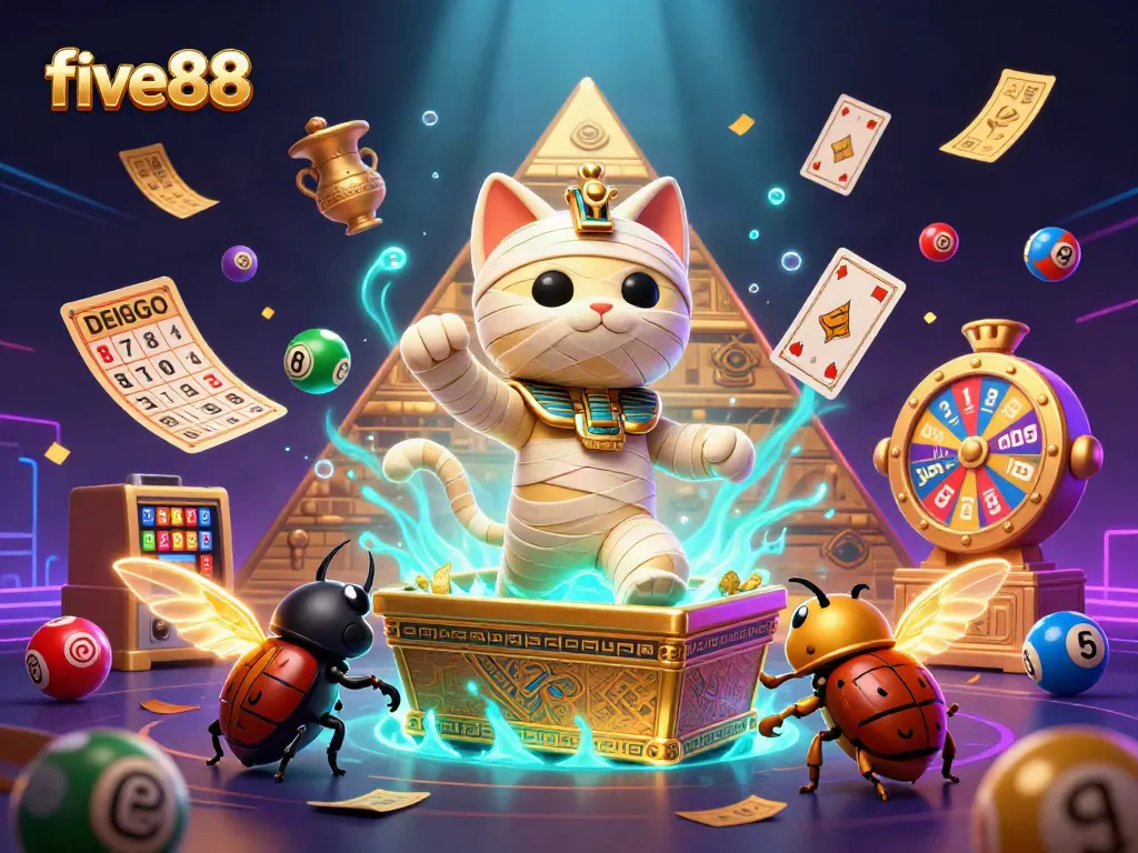 Experience thrilling gaming at five88 with a vibrant casino scene showcasing Egyptian-themed elements and exciting lottery balls.