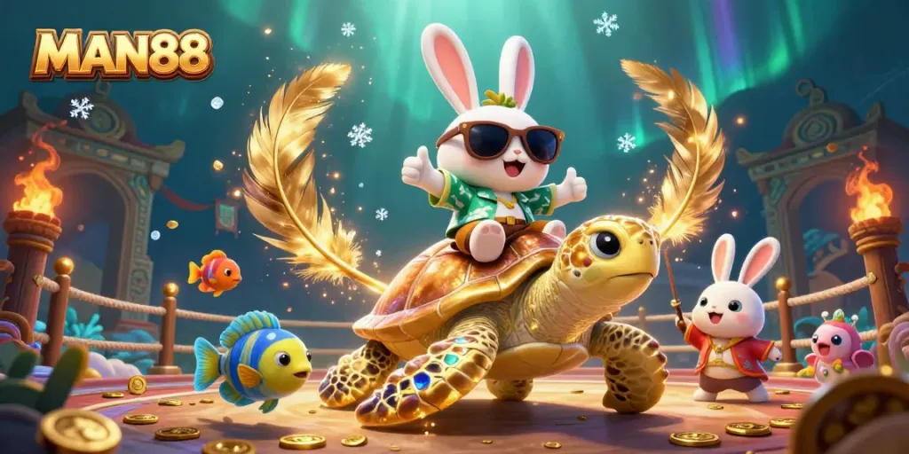 Engage with MAN88's thrilling gaming experience featuring a lucky rabbit and golden sea turtle in a vibrant casino setting.