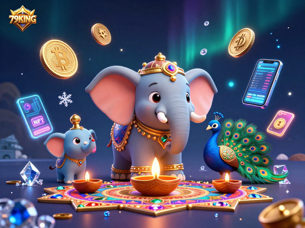 Engage with 79KING's vibrant Diwali-themed casino illustration highlighting gaming elements