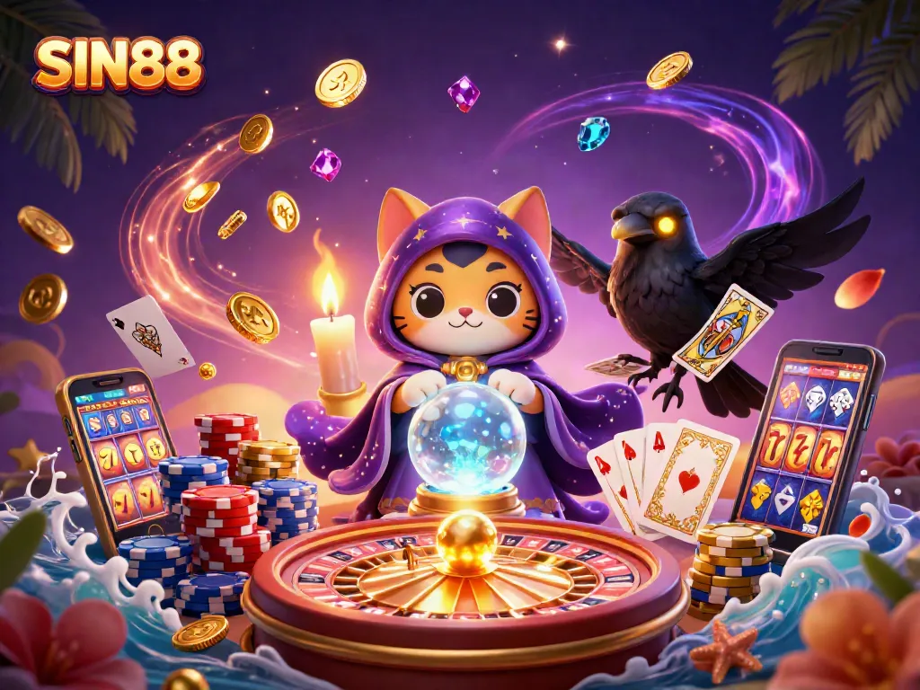 Experience thrilling games at SIN88 with a mystical cat, raven, and dynamic casino elements.