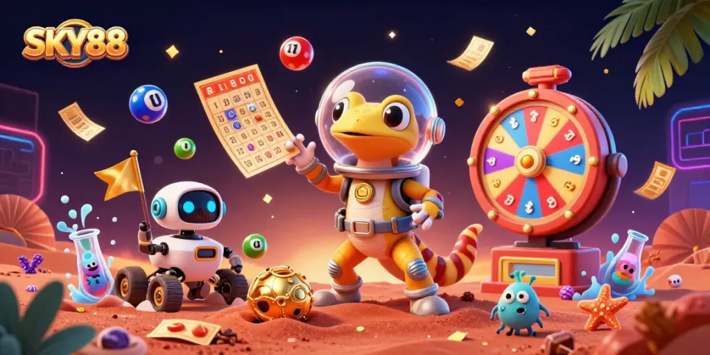 SKY88 games come alive with a Martian gecko finding a golden casino amidst a cosmic celebration.