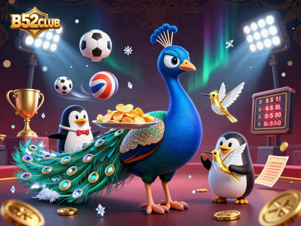 B52CLUB showcases a vibrant casino scene with a peacock, penguin, and hummingbird amidst dynamic gambling elements.