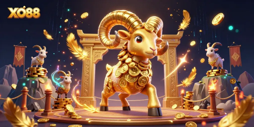 Experience the excitement of XO88 with a 3D ram charging through a golden gate surrounded by vibrant gaming elements.