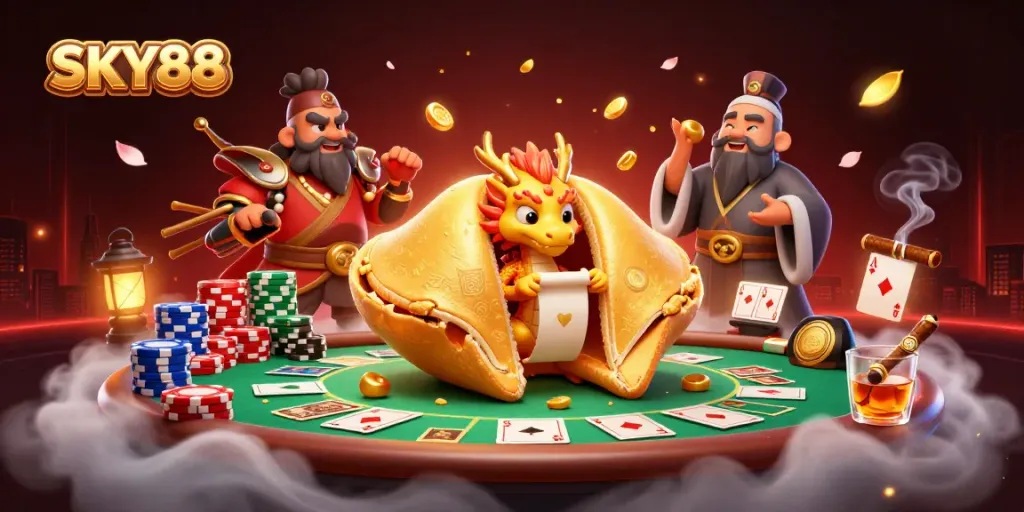 Engage with thrilling casino adventures at SKY88 featuring a mystical scene filled with vibrant gambling elements.