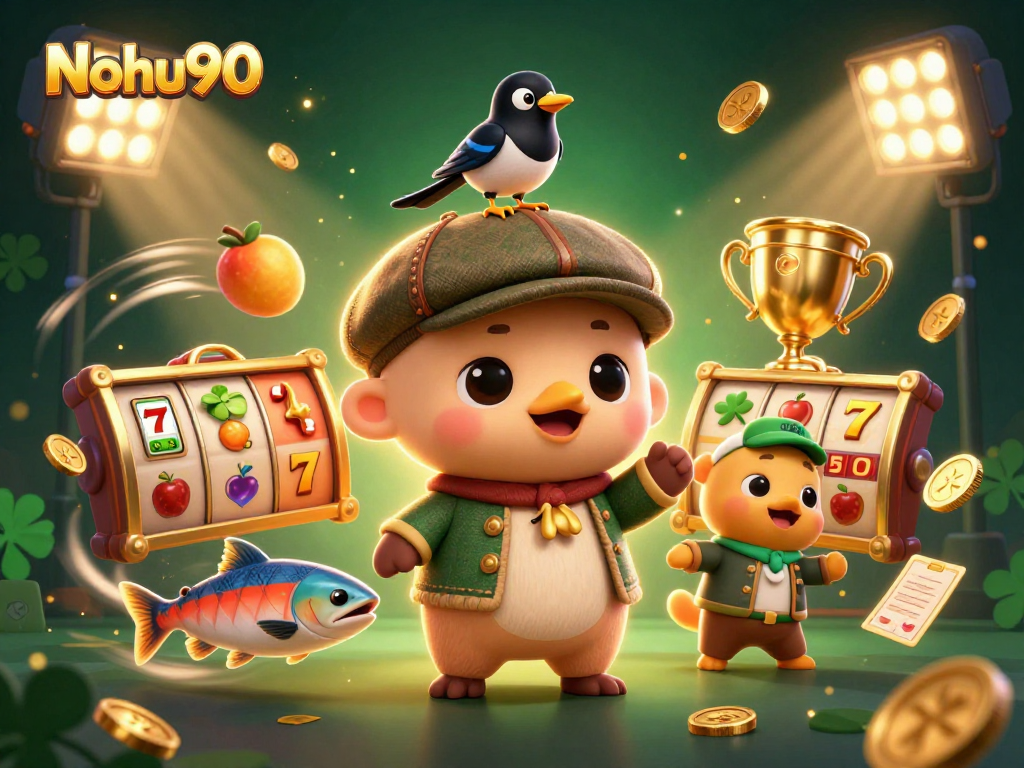 Play betting strategies with Nohu90, featuring vibrant casino characters and slot elements.