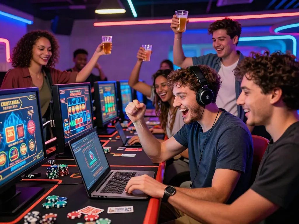 Diverse friends enjoying a lively credit card online casino gaming experience, celebrating wins together at a laptop with vibrant graphics.