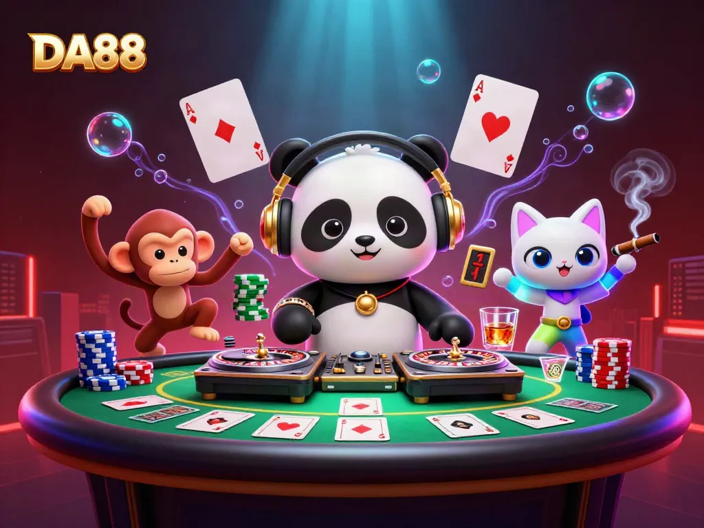 Engage with DA88 through a vibrant scene of a DJ panda, a breakdancing monkey, and a rave kitten at a casino.